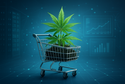 A shopping cart with a cannabis plant, illustrating online cannabis shopping.