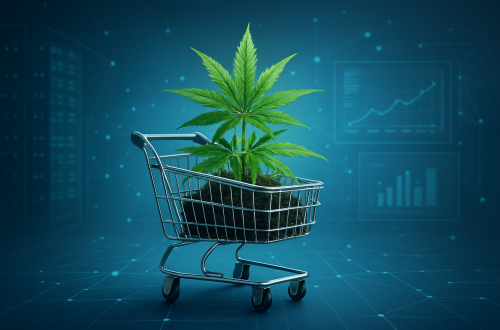 A shopping cart with a cannabis plant, illustrating online cannabis shopping.