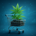 A shopping cart with a cannabis plant, illustrating online cannabis shopping.