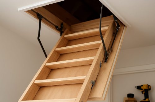 A wooden loft ladder partially extended into an attic space with visible support hardware.