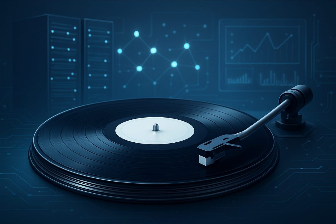 Close-up of a vinyl record player against a digital background