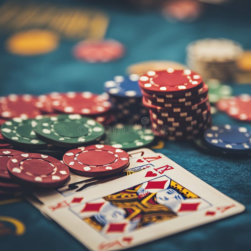 Close-up of playing cards and poker chips on a green felt surface, symbolizing gambling activities.