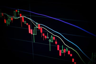 Close-up of a financial candlestick chart showing stock price movements
