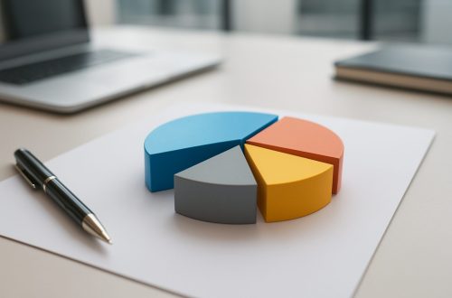 Colorful pie chart segments on a desk with a pen and laptop blurred in the background