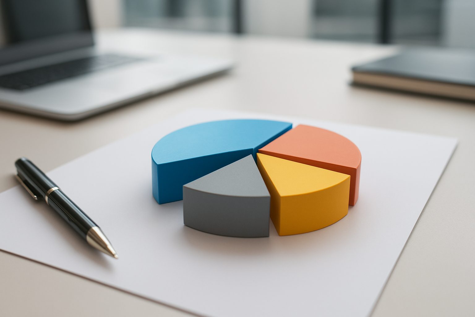 Colorful pie chart segments on a desk with a pen and laptop blurred in the background